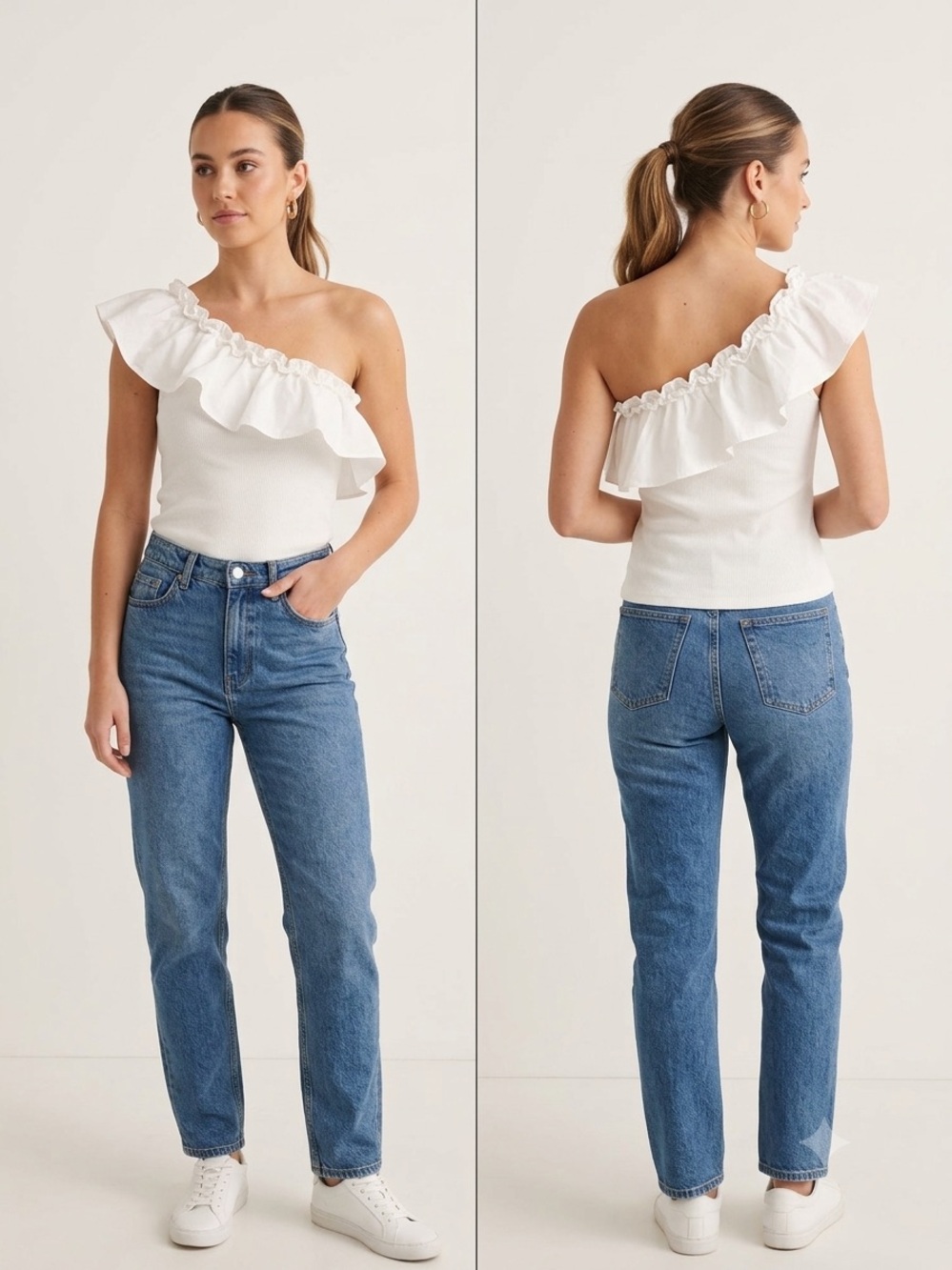 Gaudi' White One-Shoulder Ruffle Top